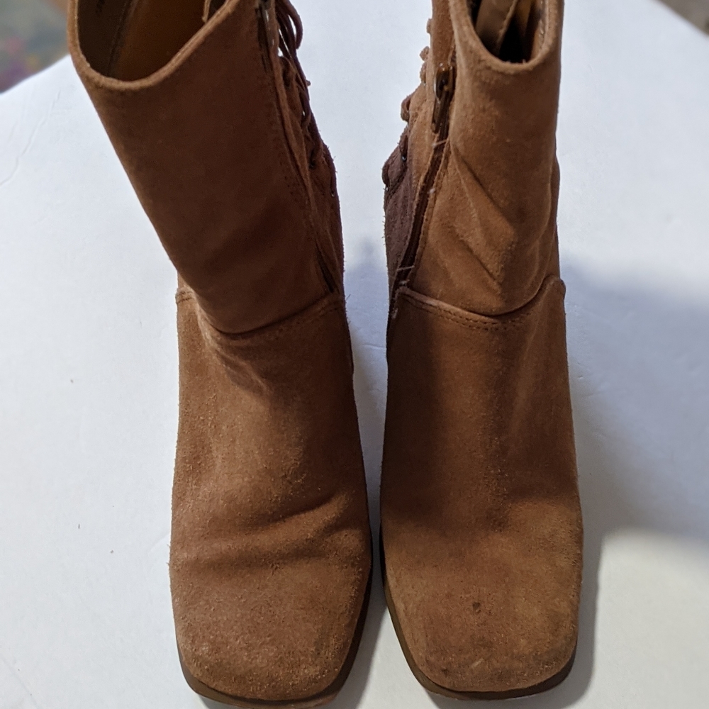 Suede Brown Ankle Booties With Tie Back. US 5. 3 inch heel.  Western Style Boots